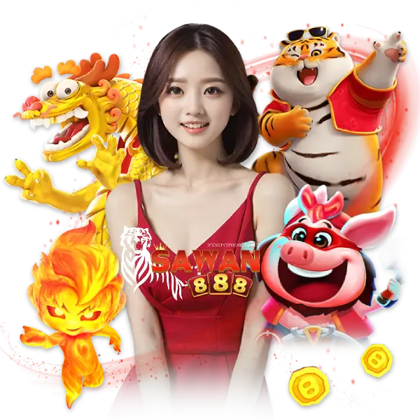 พริตตี้สาว SAWAN888 พร้อมตัวละครเกมสล็อตยอดนิยม มังกร เสือ หมู และไฟทอง